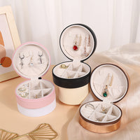 Portable PU Leather Round Jewelry Box for Earrings, Necklaces, Rings - Travel Organizer with Compartments