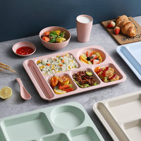 Wheat Straw 5-Compartment Divided Dinner Plate Set with Bowl, Chopsticks, and Spoon for Students and Restaurants