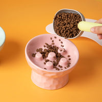 Ceramic Elevated Slow Feeder Pet Bowl for Cats and Small Dogs, Tilted Anti-Vomit Anti-Choke Food Dish