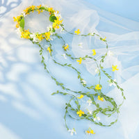 Forest Style Floral Garland Headband with Long Tassels and Green Leaves for Brides and Stage Performances