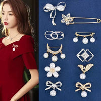 Rhinestone Bowknot Pearl Brooch Pin for Women's Neckline and Clothing Fixation