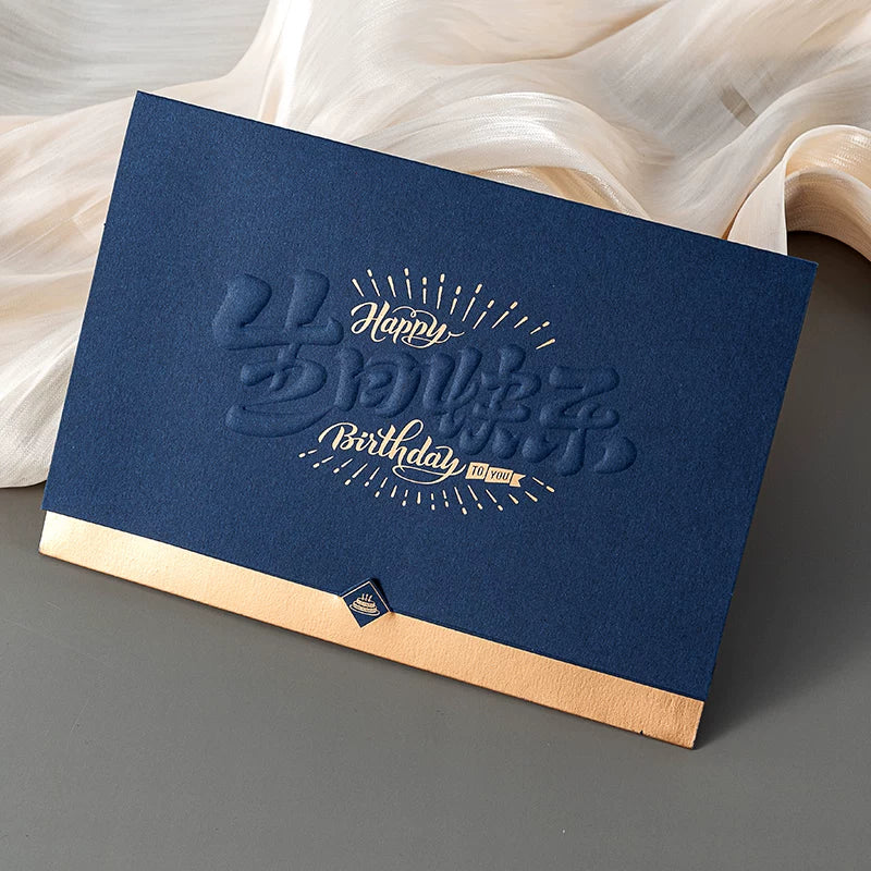 Employee Birthday Greeting Card, Foldable Celebration Card with Embossed Gold Stamping, 3D Text Blessing Card