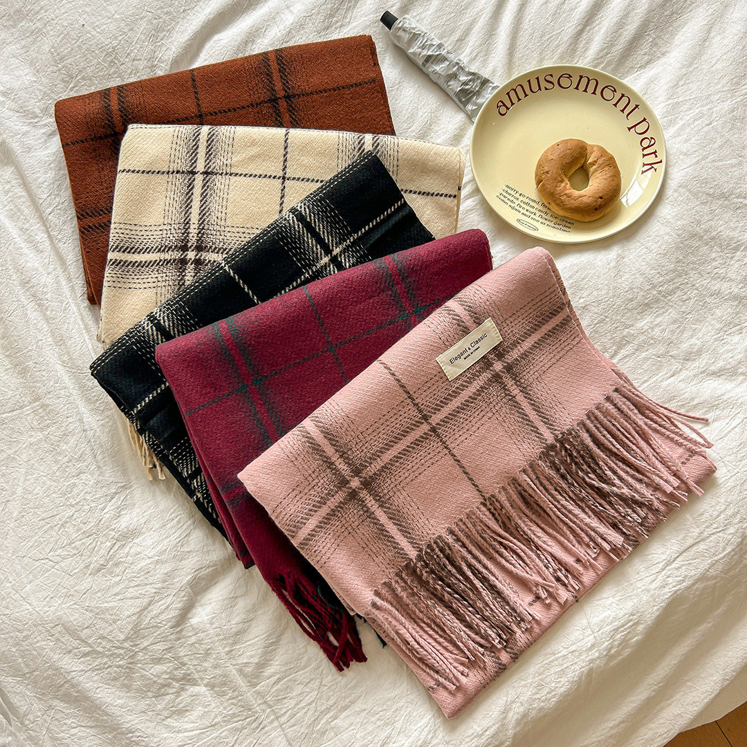 Korean Style Plaid Scarf for Women, Thickened Imitation Cashmere Retro Checkered Shawl