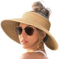 Women's Wide Brim Straw Sun Visor Hat for Ponytails, Foldable Beach Travel Empty Top Sun Hat