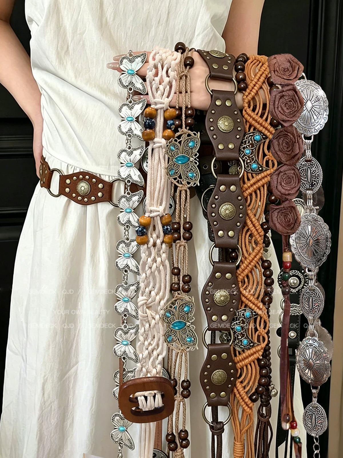Bohemian Ethnic Woven Waist Chain Belt for Dresses with Beaded Accents