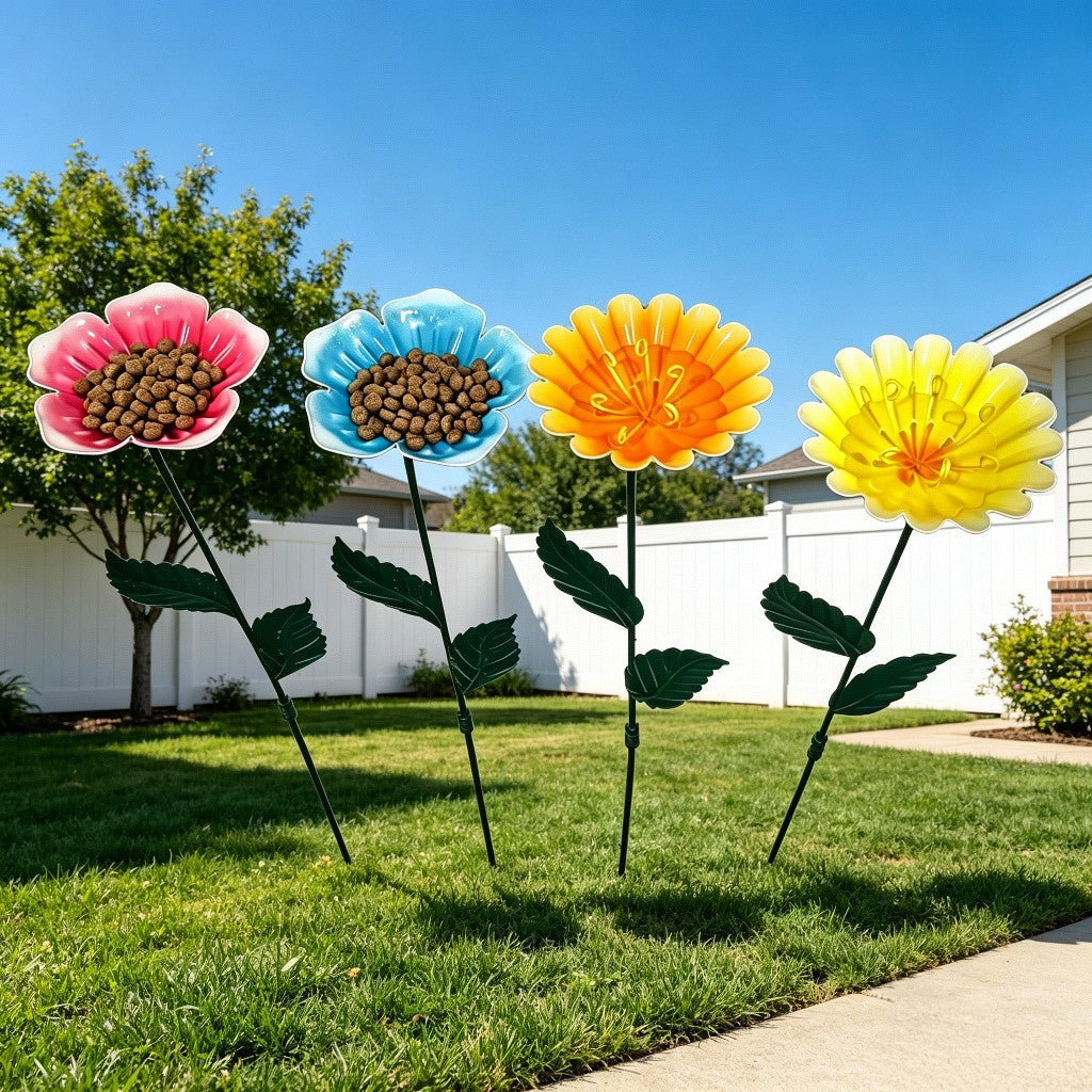 Iron Art Bird Feeder & Waterer with Flower Decor for Garden & Park
