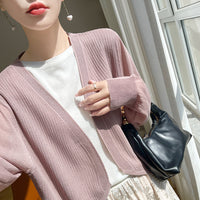 Women's Short Sun Protection Cardigan Loose Ice Silk Knit Air Conditioning Shirt Thin Shawl for Summer Beach
