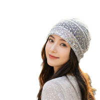 Japanese Style Hand-Knitted Sequin Hollow Breathable Beanie for Women