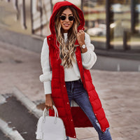 Women's Solid Color Hooded Single-Breasted Mid-Length Cotton Vest
