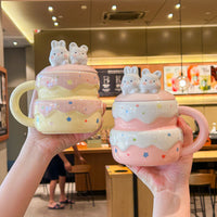 Cute Birthday Cake Ceramic Mug with Lid and Spoon, Gift for Girls and Friends