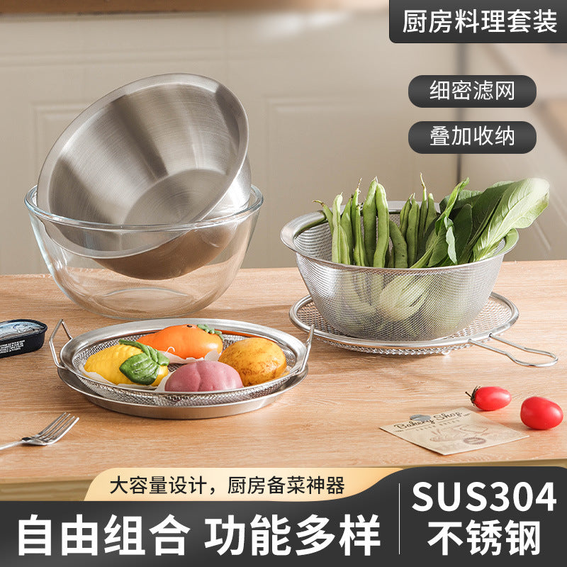 304 Stainless Steel Mixing Bowl Set with Colander and Drain Basket - 6 Piece Kitchen Prep Kit