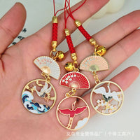 Japanese Style Koi Crane Lucky Cat Keychain with Bell and Lanyard, Alloy Enamel Bag Charm Gift