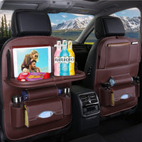 Premium Leather Car Seat Back Organizer with Kick Mat and Tray Table
