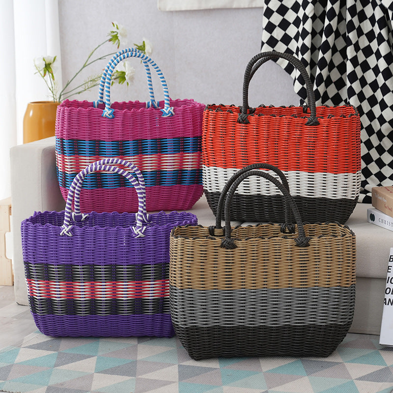 Plastic Imitation Rattan Shopping Basket Fruit Picnic Handheld Storage Basket for Groceries and Bath Items