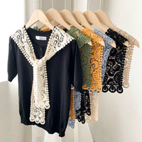 Summer Thin Lace Knit Hollow Shawl with Fake Collar for Dresses Sun Protection