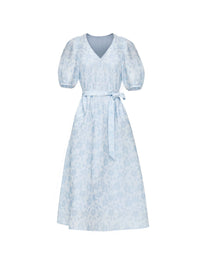 STITCHES Jacquard V-Neck Lantern Sleeve High-Waist Midi Dress for Women