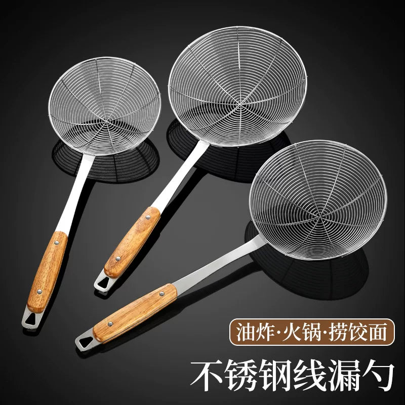 Stainless Steel Skimmer with Wooden Handle for Hot Pot, Dumplings, and Frying
