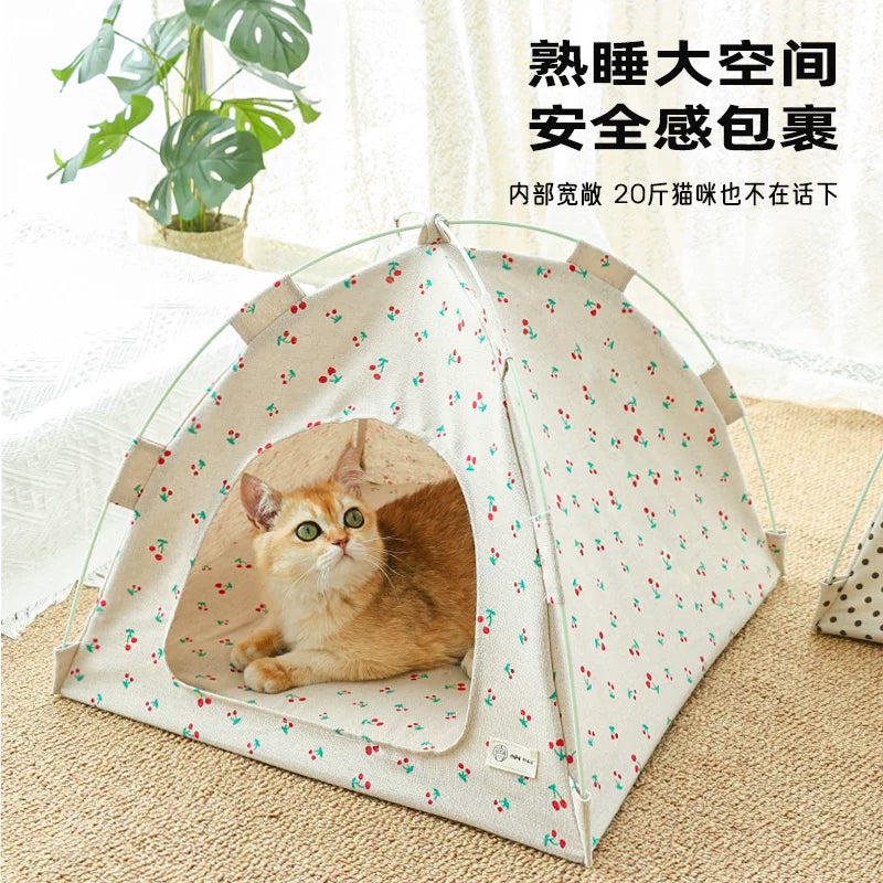 Pet Tent Bed Semi-Enclosed Cat House with Cooling Mat for All Seasons, Small Dog Puppy Cave