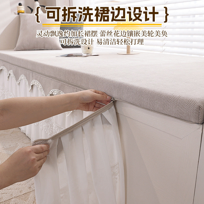 Waterproof Bay Window Cushion with Removable Skirt, Sponge Filling, Luxury Balcony Pad, All-Season