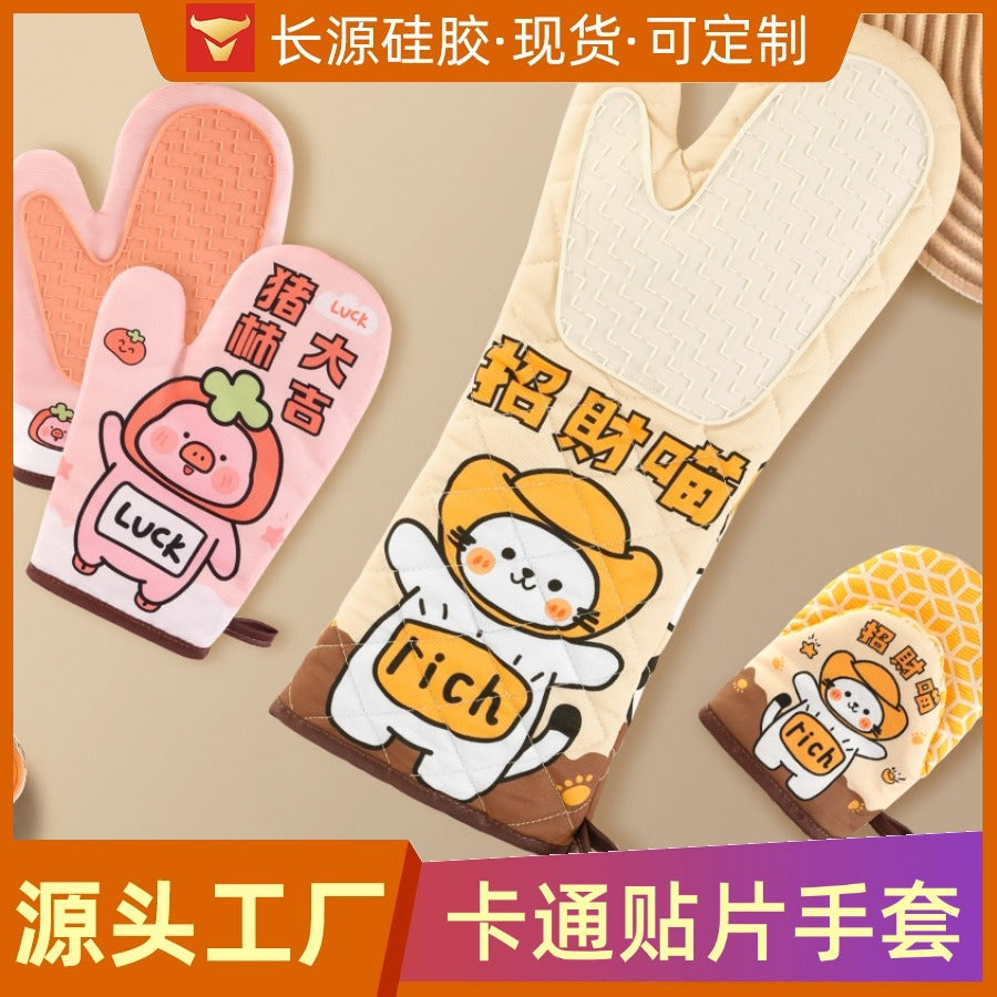 Cartoon Silicone Oven Mitts Heat Resistant Kitchen Baking Gloves with Cotton Lining