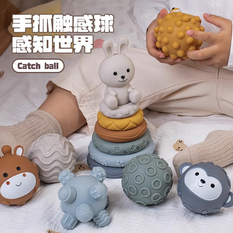 Baby Sensory Stacking Toys - Soft Rubber Blocks, Rainbow Tower, and Textured Balls for Early Education