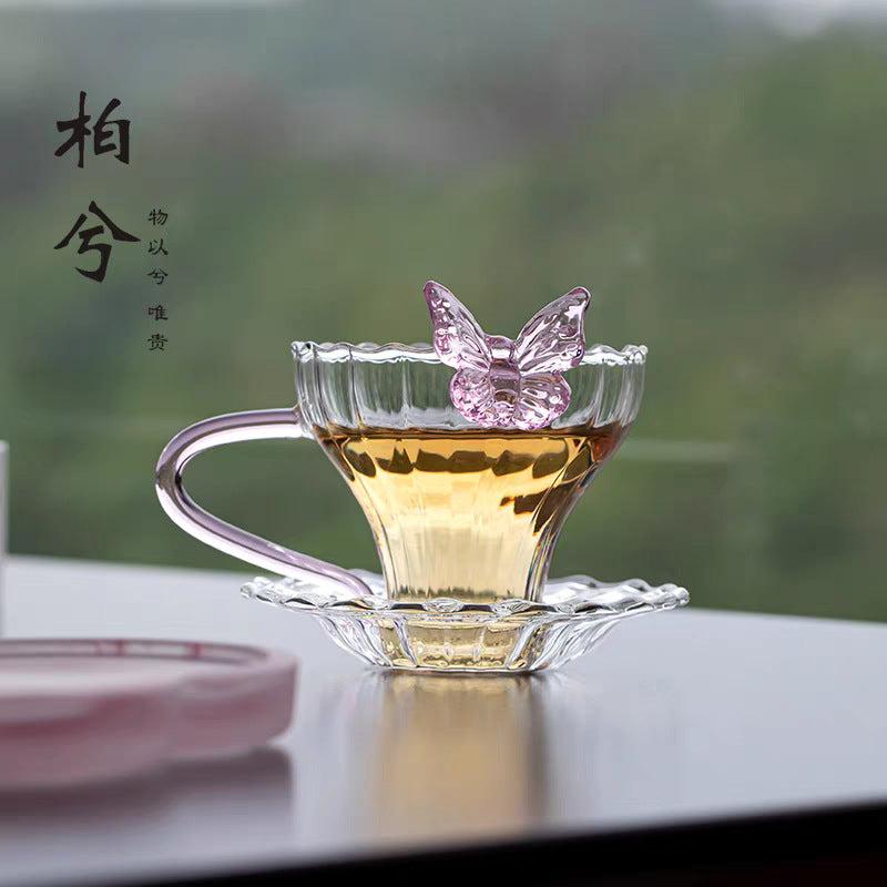 Pink Butterfly Transparent Glass Teacup with Handle and Saucer, Puer Tea Cup, Coffee Cup