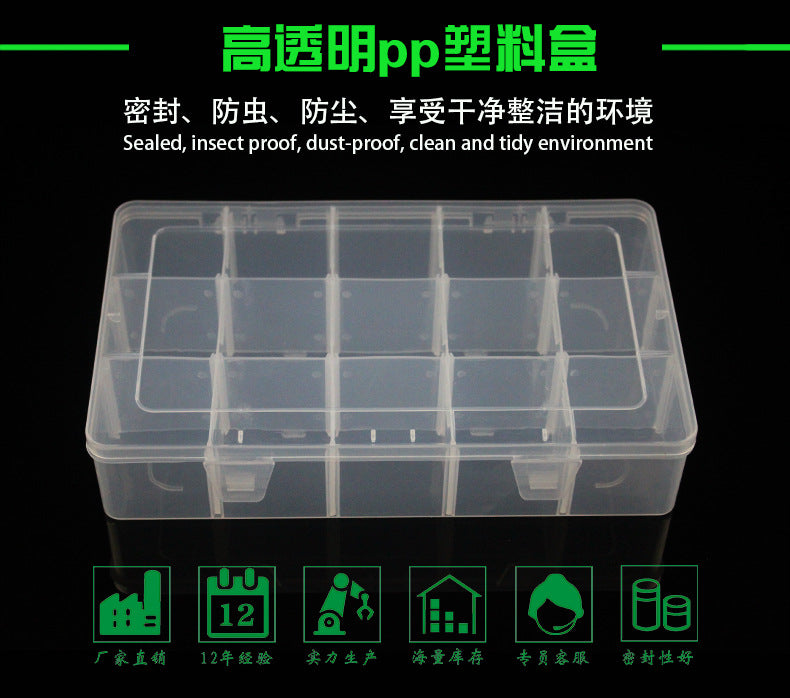 Large 15-Grid Detachable Clear Plastic Organizer Box for Components, Jewelry, Stationery, Fishing Tackle, Screws, Hardware