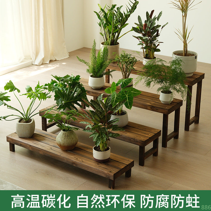 Carbonized Wood Tiered Plant Stand Outdoor Garden Patio Bench