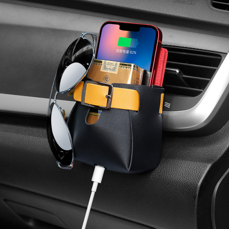 Car Air Vent Storage Bag PU Leather Organizer for Phone Keys