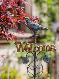 Juhan Iron Art Bird Welcome Sign Garden Stake with Bell, Vintage Villa Landscape Ornament