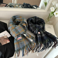 Lazy Weekend Plaid Mohair Scarf for Women, Thickened Warm Winter Shawl