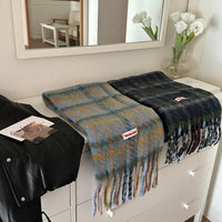 Lazy Weekend Plaid Mohair Scarf for Women, Thickened Warm Winter Shawl