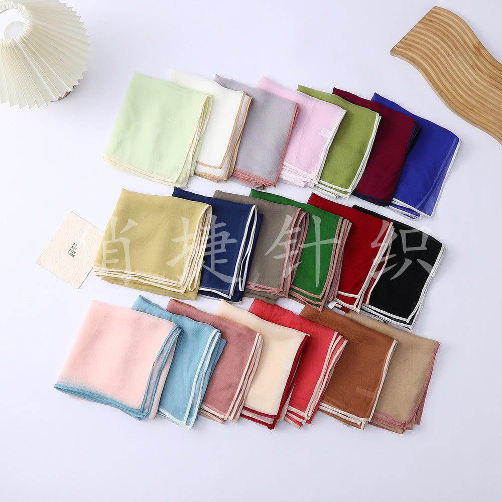 Solid Color Chiffon Scarf with Contrast Edge - Versatile Hair Tie & Neck Scarf