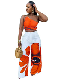 Women's Floral Print One-Shoulder Crop Top and Wide-Leg Pants Set