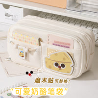 Cute Cheese Bear Pencil Case Large Capacity Embroidered Stationery Pouch for Girls