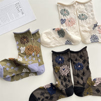 Japanese Sweet Geometric Floral Embossed Mid-Calf Cotton Socks for Autumn/Winter