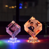 Personalized Rotating Crystal Photo Cube with LED Base, Custom 3-Photo Display for Desktop Decor