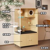 Large Solid Wood Parrot Bird Cage with Transparent Glass Breeding Box - Spacious Bird Villa for Parrots and Small Birds