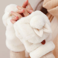 Winter Plush Lined Cartoon Rabbit Ear Gloves for Students, Thickened Warm Cycling Gloves