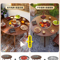 Electric and Charcoal Dual-Use Fire Pit Grill Set for Home Outdoor BBQ, Foldable Patio Tea Table