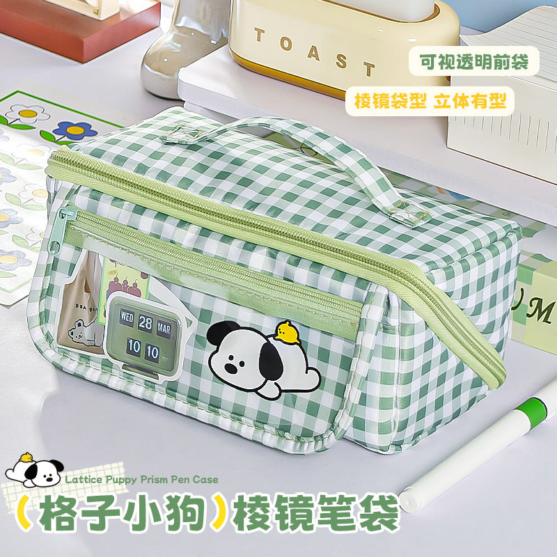Plaid Puppy Prism Pencil Case Large Capacity Stationery Bag Cute Cartoon Student Portable