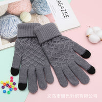 Unisex Fleece-Lined Knitted Gloves for Students and Couples, Solid Color Jacquard Warm Finger Gloves