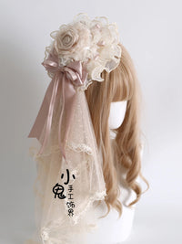 Handmade Lolita Champagne Lace Floral Headband Hair Clip Set