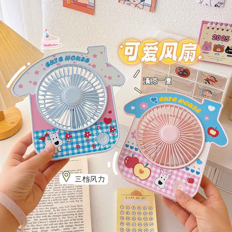 Creative Cartoon House USB Rechargeable Portable Desk Fan with 3-Speed Strong Airflow