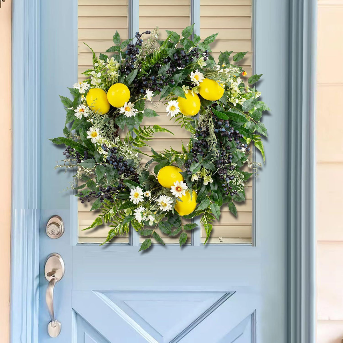 Artificial Lemon Blueberry Eucalyptus Wreath for Front Door Decor