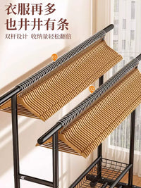 Heavy Duty Double Rod Garment Rack with Wheels, Floor Standing Clothes Hanger for Bedroom, Storage Shelf