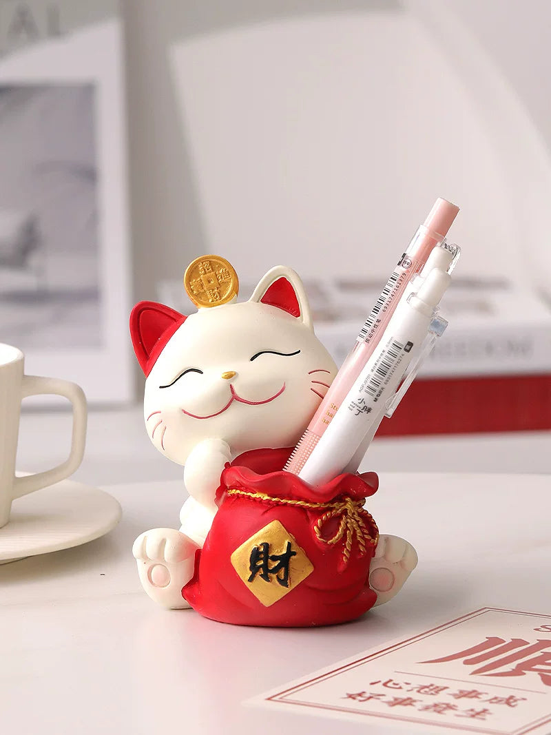 Lucky Cat Pen Holder Ornament for Desk & Home Decor