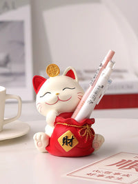 Lucky Cat Pen Holder Ornament for Desk & Home Decor