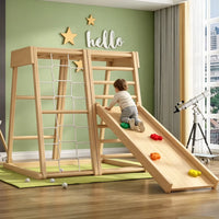 Kids Indoor Wooden Climbing Frame with Slide and Swing Set