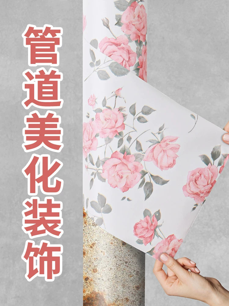 Rose Pattern Moisture-Proof Aluminum Foil Pipe Cover Sticker for Kitchen and Bathroom